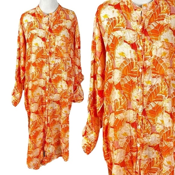 Free People Tropical Hawaiian Maxi Top Cover up Tangerine Cream Small One Size - Picture 3 of 10